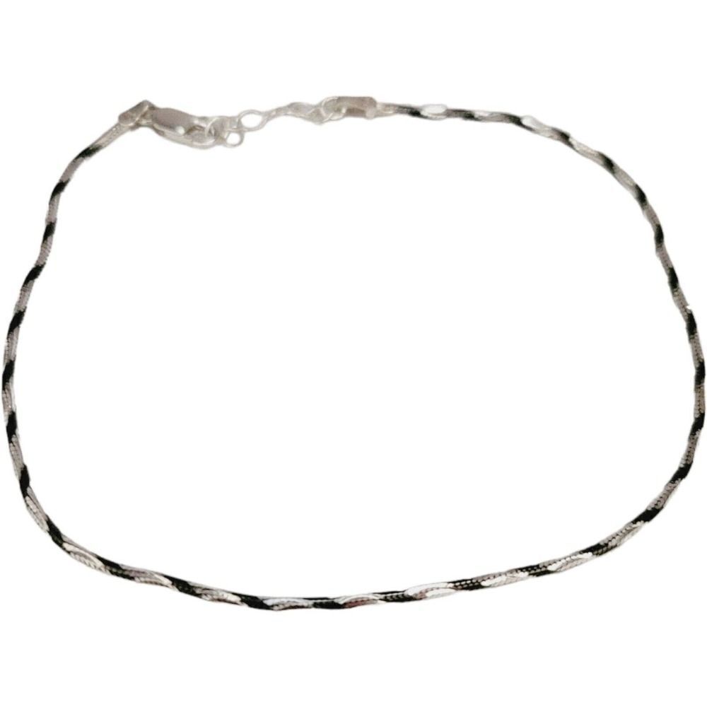 Italian Rhodium Plated Sterling Silver Two Tone Black Silver Rope Chain Anklet